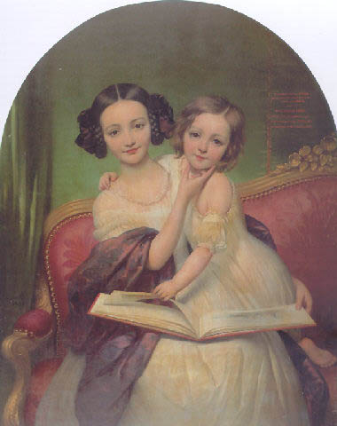 Portrait de Marguerite Louise Cibiel et de Marie Aglaure Cibiel assises sur un sofa, feuilletant un livre